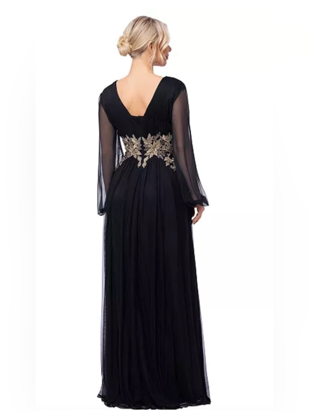 Betsy & Adam Black Plunge-Neck Blouson-Sleeve Gown Sz 8 - Picture 3 of 9